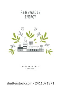 Vector illustration of Environmentally friendly planet. Cartoon sketch of eco factory with solar panels and green leaves. Ecology industry and alternative energy concept.