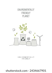 Vector illustration of Environmentally friendly planet. Cartoon sketch of eco factory with solar panels and wind energy resource . Ecology industry and alternative energy concept.