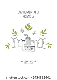 Vector illustration of Environmentally friendly planet. Cartoon sketch of eco city with solar  wind energy resource . Ecology industry and alternative energy concept.
