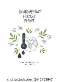 Vector illustration of Environmentally friendly planet. Hand drawn cartoon sketch of сlimate change. Green energy concept. Think Green.
