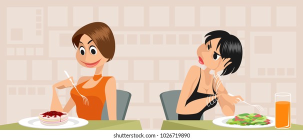 Vector illustration of envy of woman on diet