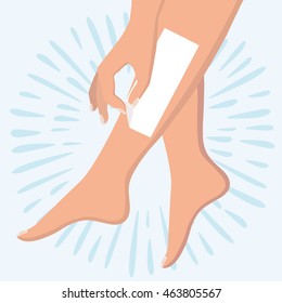 Vector illustration of epilation or depilation procedure. Waxing or sugaring process with strips. Hair removal.