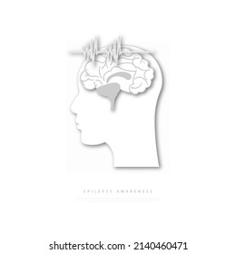 Vector illustration for epilepsy awareness with brain and ribbon in paper cut style