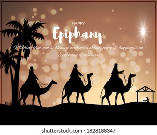Vector illustration of Epiphany, christian festival, three wise men on camel, bright star, nativity of Jesus, bokeh background.