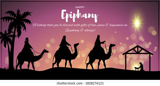 Vector illustration of Epiphany, christian festival, three wise men on camel, bright star, nativity of Jesus, bokeh background.