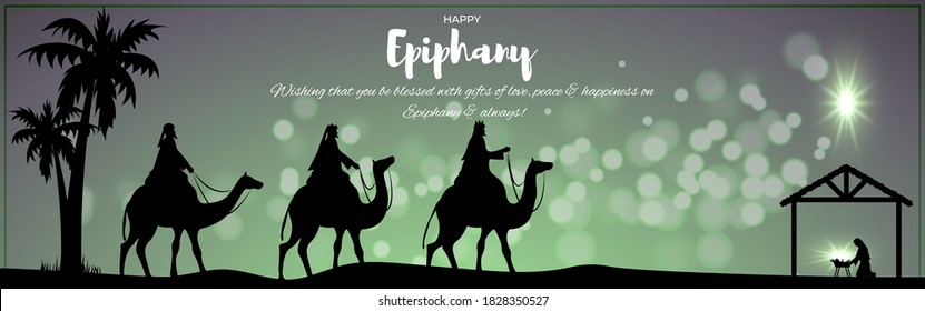 Vector illustration of Epiphany, christian festival, three wise men on camel, bright star, nativity of Jesus, bokeh background.