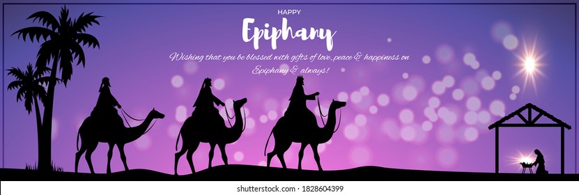 Vector illustration of Epiphany, christian festival, three wise men on camel, bright star, nativity of Jesus, bokeh background.