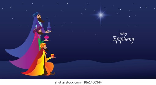 Vector illustration of Epiphany, a Christian festival. Jesus Christ soon after he was born. Abstract 3 kings looking at star in dark night background