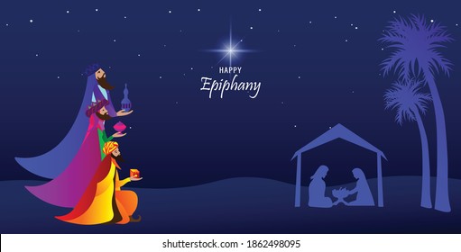 Vector illustration of Epiphany, a Christian festival. Jesus Christ soon after he was born. Abstract 3 kings looking at star in dark night background