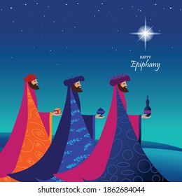 Vector illustration of Epiphany, a Christian festival. Jesus Christ soon after he was born. Abstract 3 kings looking at star in dark night background