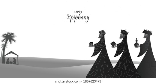 Vector illustration of Epiphany, a Christian festival. Jesus Christ soon after he was born. Abstract 3 kings looking at star in dark night background