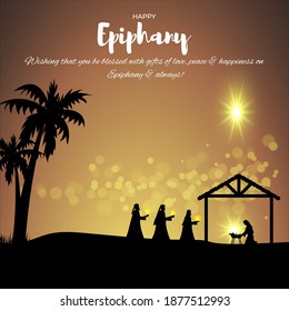 Vector illustration of Epiphany, christian festival, three wise men on camel, bright star, nativity of Jesus, bokeh background.