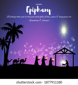 Vector illustration of Epiphany, christian festival, three wise men on camel, bright star, nativity of Jesus, bokeh background.