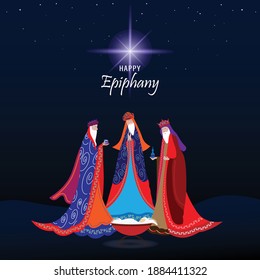 Vector illustration of Epiphany, a Christian festival. Jesus Christ soon after he was born. Abstract 3 kings looking at star in dark night background