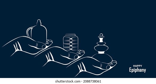 Vector illustration of Epiphany, a Christian festival. Abstract hands of 3 kings with gifts. The Feast of the Epiphany. L'Epifania.