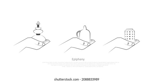 Vector illustration of Epiphany, a Christian festival. Abstract hands of 3 kings with gifts. The Feast of the Epiphany. L'Epifania.