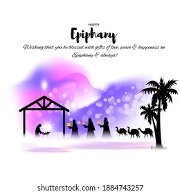 Vector illustration of Epiphany concept greeting. Christian feast day, three wise men on camel, bright star, nativity of Jesus, bokeh background.