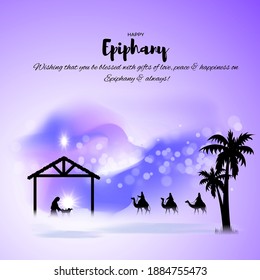 Vector illustration of Epiphany concept greeting. Christian feast day, three wise men on camel, bright star, nativity of Jesus, bokeh background.