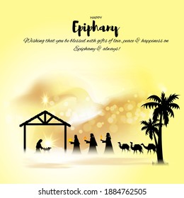 Vector illustration of Epiphany concept greeting. Christian feast day, three wise men on camel, bright star, nativity of Jesus, bokeh background.