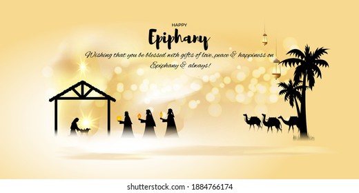 Vector illustration of Epiphany concept greeting. Christian feast day, three wise men on camel, bright star, nativity of Jesus, bokeh background.