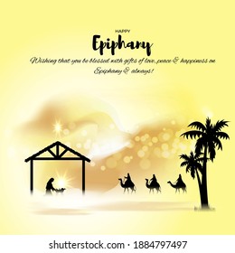 Ilustración vectorial del saludo de concepto de Epifanía. Día del banquete cristiano, tres hombres sabios en camello, estrella brillante, natividad de Jesús, fondo bokeh.