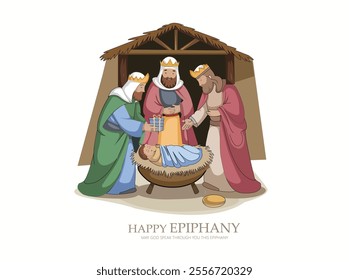 Vector Illustration of Epiphany scene with The Three Wise Men and Jesus.