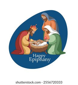 Vector Illustration of Epiphany scene with The Three Wise Men and Jesus.