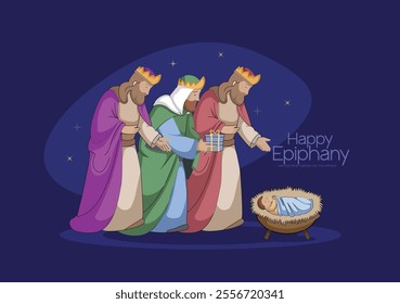 Vector Illustration of Epiphany scene with The Three Wise Men and Jesus.