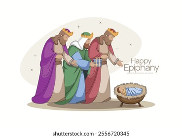 Vector Illustration of Epiphany scene with The Three Wise Men and Jesus.