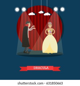 Vector illustration of episode from Dracula horror movie or theatrical performance based on novel by Bram Stoker. Flat style design element.