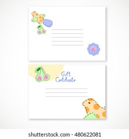 Vector illustration EPS 10 with a bird cherry, a button in a children's style on a gift certificate for your design