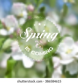Vector illustration EPS 10. Ecology label. White spring flowers on a tree. Spring blossoming. Spring blurred background. Mesh blurred background. Template for poster.