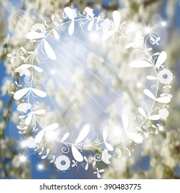 Vector illustration EPS 10. Ecology label. White spring flowers on a tree. Spring blossoming. Spring blurred background. Mesh blurred background. Template for poster.