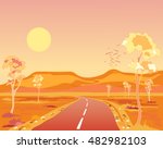 a vector illustration in eps 10 format of a hot australian landscape at sunset with tarmac road hills and eucalyptus trees under a yellow sun