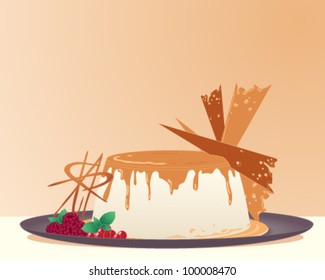 a vector illustration in eps 10 format of a creme brulee decorated with caramel shards raspberries and redcurrants on a dark plate with toffee color background