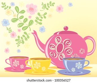 a vector illustration in eps 10 format of a pink decorated teapot and matching cups and saucers with a green leaf and flower background