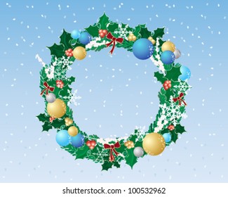 a vector illustration in eps 10 format of a fancy christmas wreath with baubles snowflakes silver berries and ribbon on holly and fir foliage with a snowy background