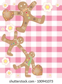 a vector illustration in eps 10 format of three delicious gingerbread men with sugar decorations and flowers on a gingham background