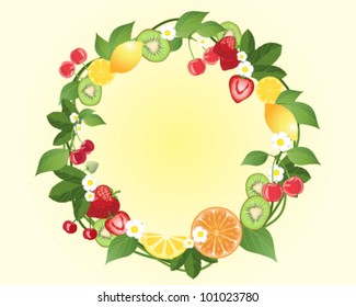 A Vector Illustration In Eps 10 Format Of A Decorative Fruit Wreath With Kiwi Lemon Cherries Strawberries And Orange Dotted With Flowers And Foliage On A Pale Yellow Background