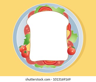 a vector illustration in eps 10 format of an aerial view of a meat and salad sandwich on a plate on a mustard color background