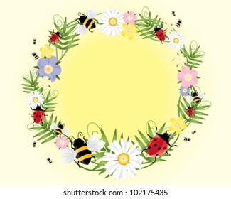 a vector illustration in eps 10 format of ladybugs bees flowers and foliage arranged in a circle on a pale yellow background