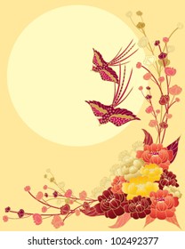 a vector illustration in eps 10 format of a chinese floral design with peony flowers foliage and two exotic stylized birds flying in front of a big yellow sun