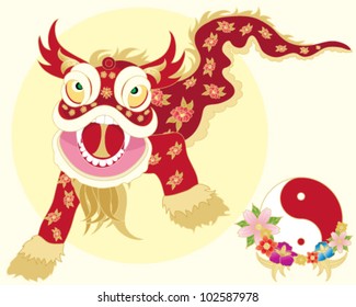 a vector illustration in eps 10 format of a traditional chinese dragon dance with yinyang symbol and flowers on a pale yellow background