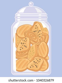 a vector illustration in eps 10 format of a glass jar full of spicy Indian biscuits on a blue background