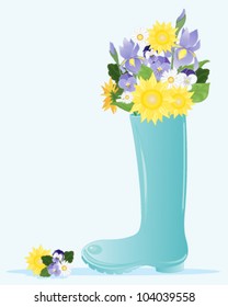 a vector illustration in eps 10 format of a wellington boot full of colorful flowers on a pale blue background