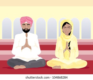 a vector illustration in eps 10 format of a sikh man and woman in traditional punjabi clothing praying in a gurdwara with yellow walls and arched windows