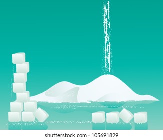 a vector illustration in eps 10 format of a pile of fine white sugar with sugar cubes and granules on a jade green background