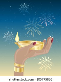 a vector illustration in eps 10 format of a hand holding an asian lamp in celebration of diwali with fireworks in a starry night sky