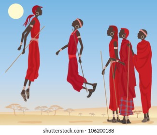 a vector illustration in eps 10 format of a group of dancing masai men dressed in traditional clothing with jewelery and canes in an east african landscape under a blue sky