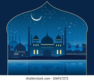 a vector illustration in eps 10 format of an exotic indian skyline with mogul architecture minarets and mosques under a moonlit starry sky
